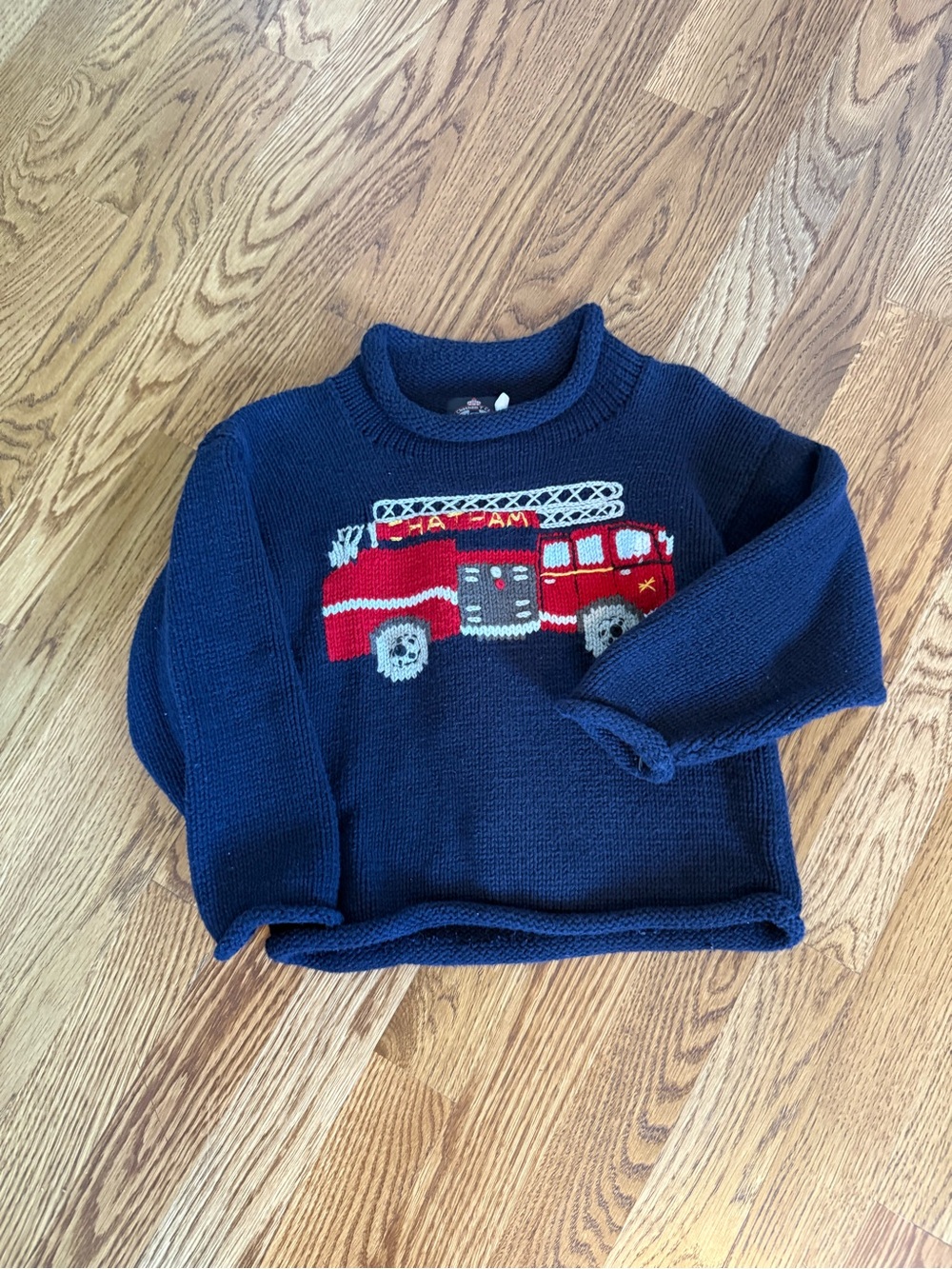 Children's Navy Sweater with Red Fire Truck Graphic